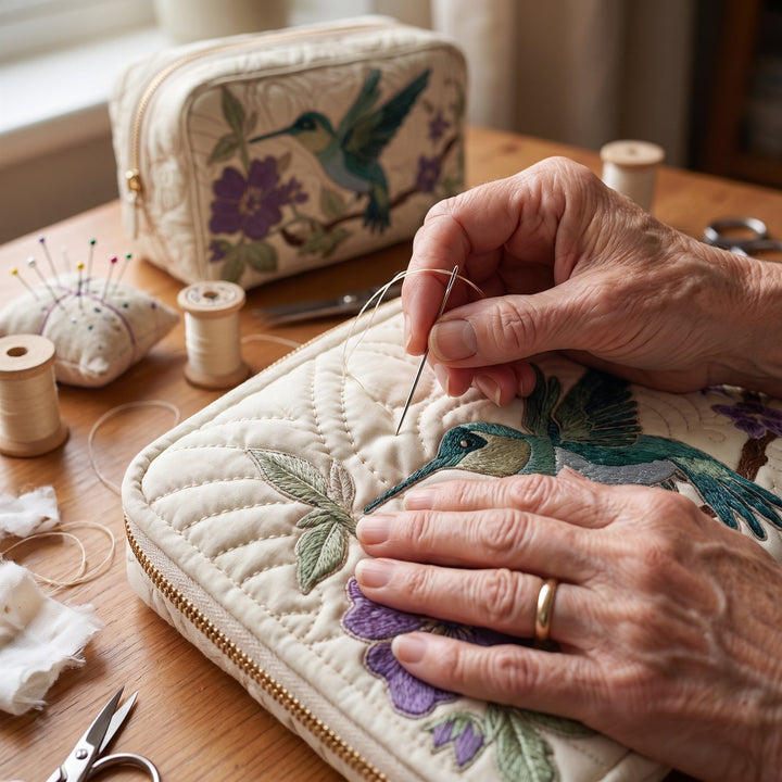 Hummingbird Bloom Quilted Makeup Bag