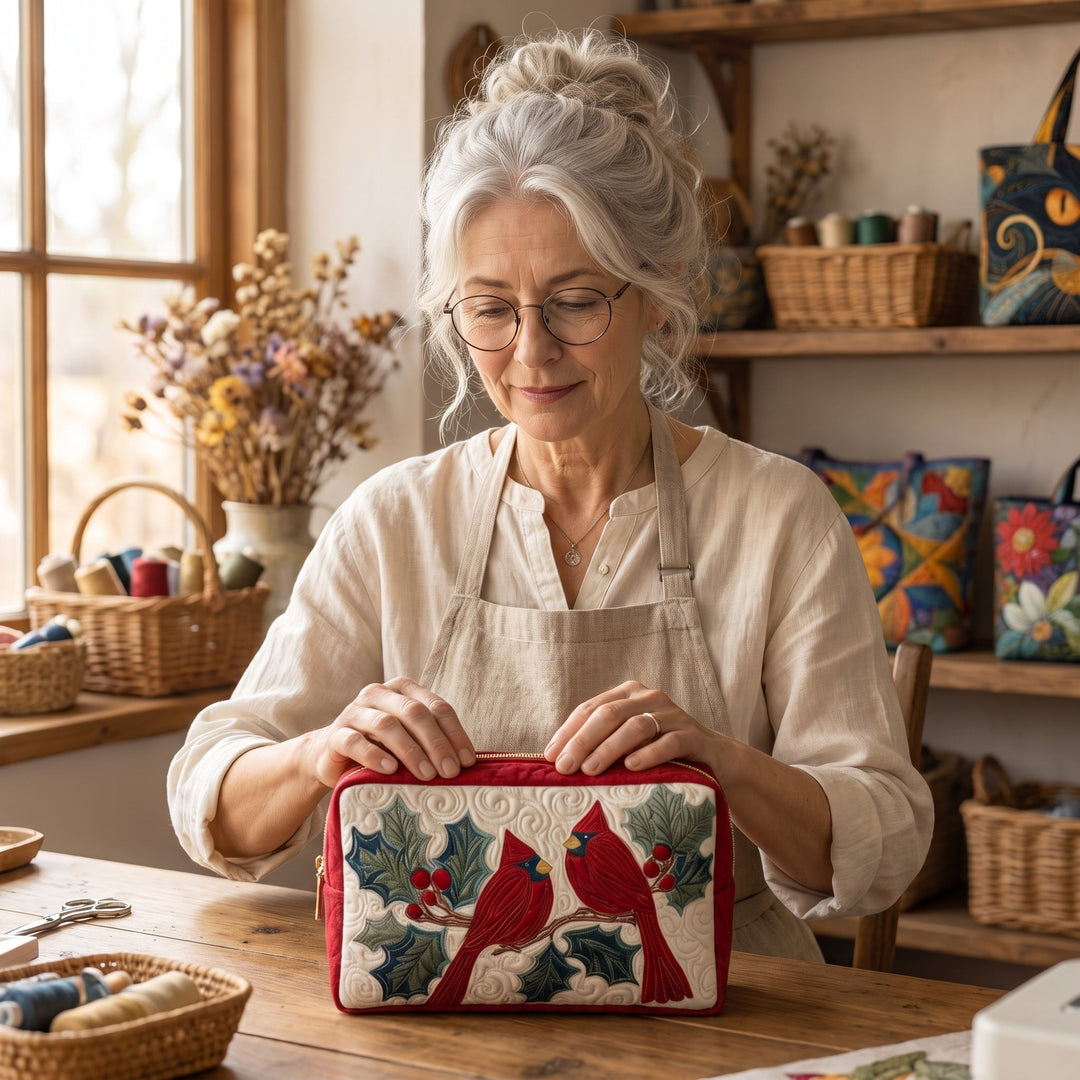 Red Feather Quilted Makeup Bag