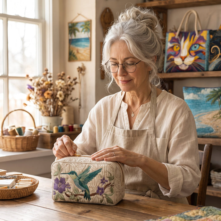 Hummingbird Bloom Quilted Makeup Bag