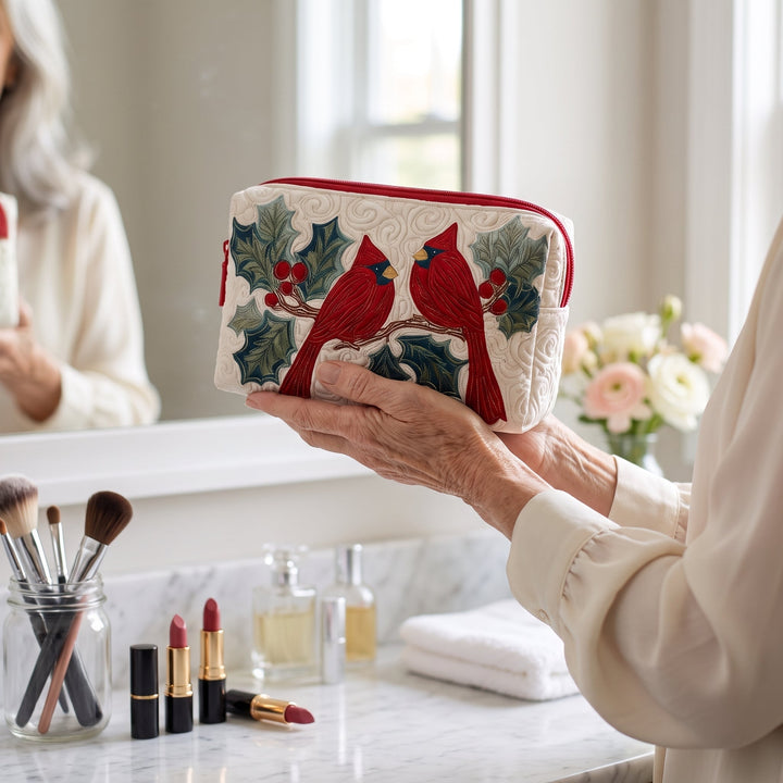 Red Feather Quilted Makeup Bag